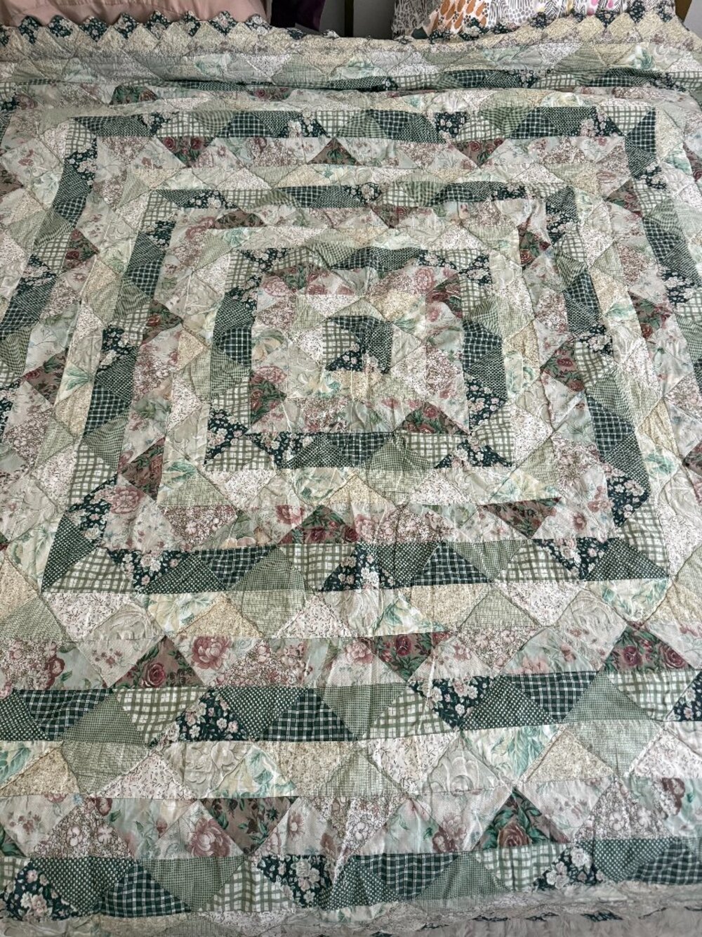 Vintage 90s Patchwork Quilted Sage Floral Grandmillennial Bedspread Coverlet